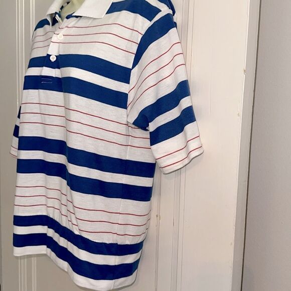 Vintage 70s/80s Hands Off Red, White & Blue Striped Polo Shirt/Ribbed Fitted Hem - Picture 4 of 8